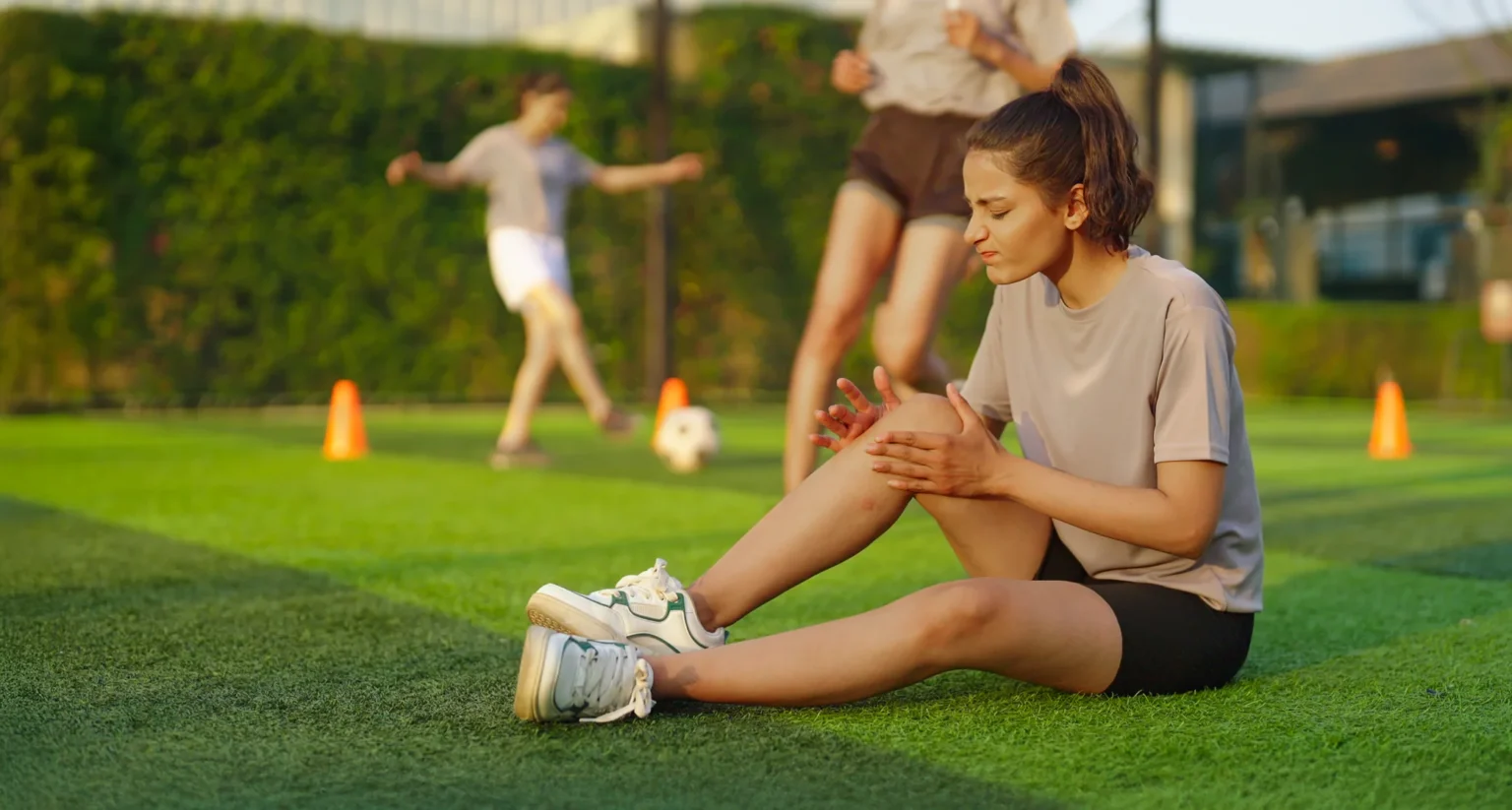 Young woman holding her knee in discomfort on a soccer field, highlighting the importance of recovery and resilience.