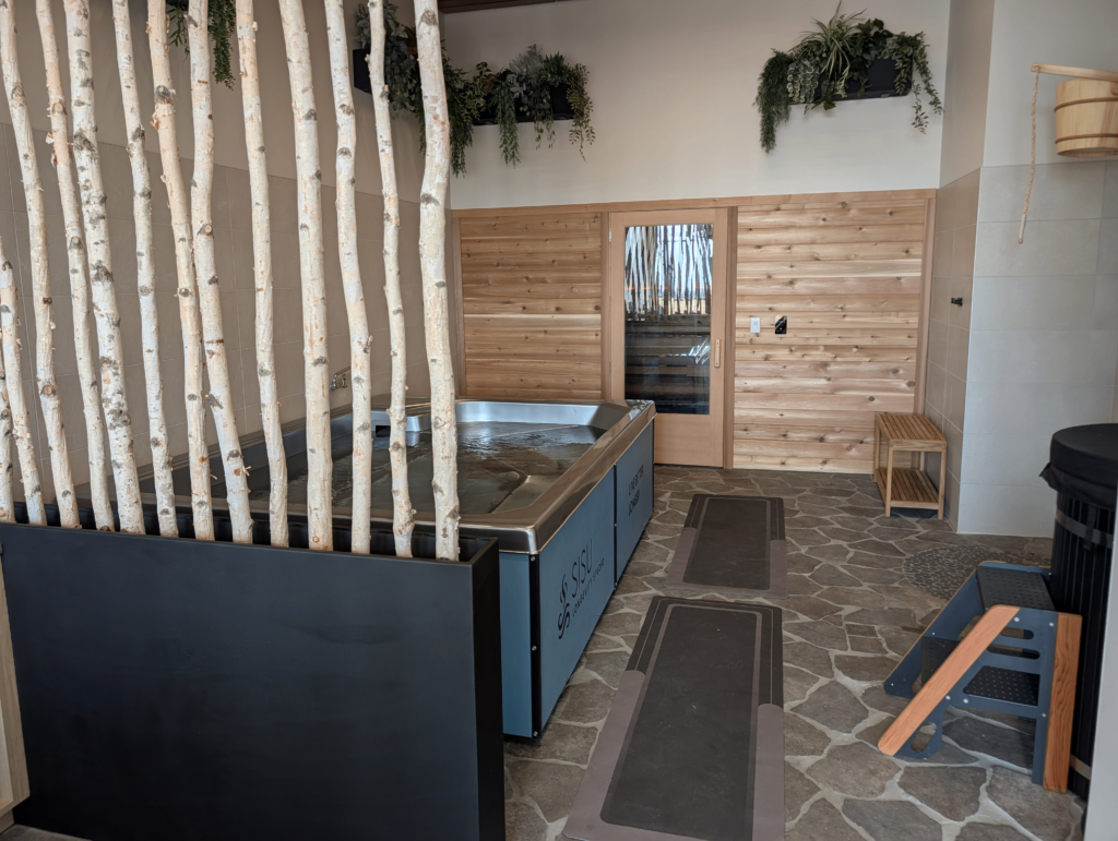 Finnish sauna, COLDTUB Polarplunge cold plunge, and Primal Ice Barrel contrast therapy area at Sisu Longevity Studio in Colorado Springs
