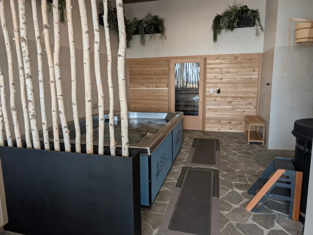 Finnish sauna, COLDTUB Polarplunge cold plunge, and Primal Ice Barrel contrast therapy area at Sisu Longevity Studio in Colorado Springs